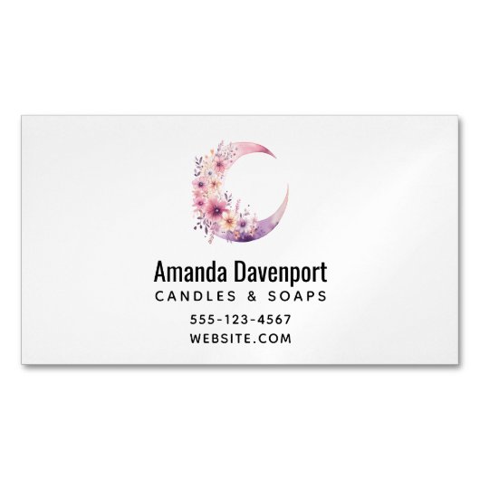 Roze halve maan met  bloemen magnetisch visitekaartje (Voorkant)