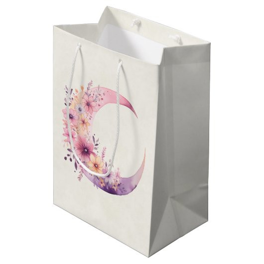 Roze halve maan met bloemen medium cadeauzakje (Voorkant Gekanteld)