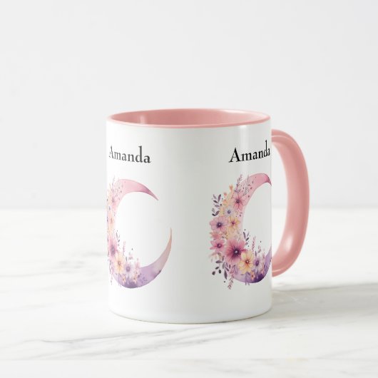 Roze halve maan met  bloemen mok (Voorkant rechts)