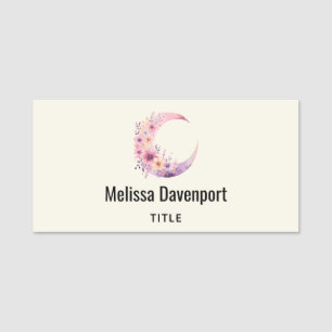 Roze halve maan met bloemen naamplaatje