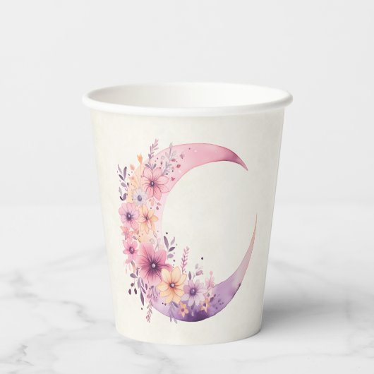 Roze halve maan met  bloemen papieren bekers (Achterkant)
