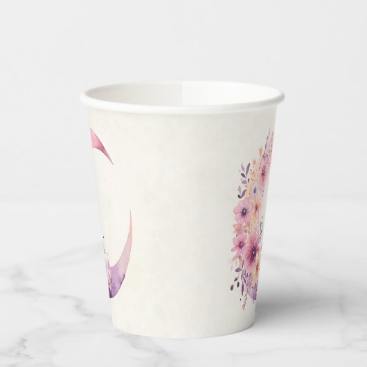 Roze halve maan met  bloemen papieren bekers (Links)
