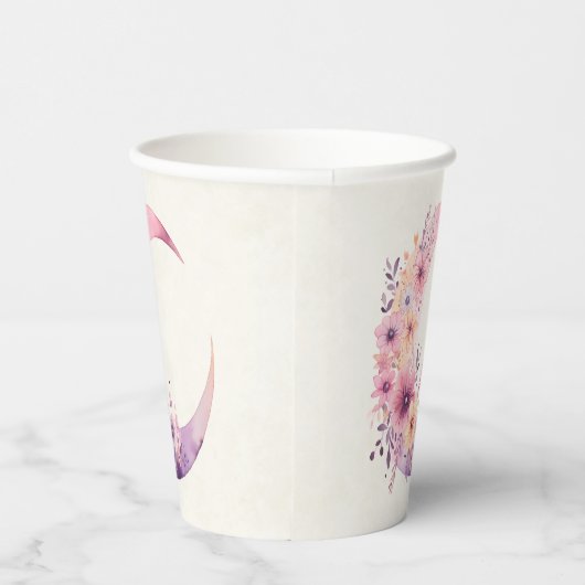 Roze halve maan met  bloemen papieren bekers (Rechts)