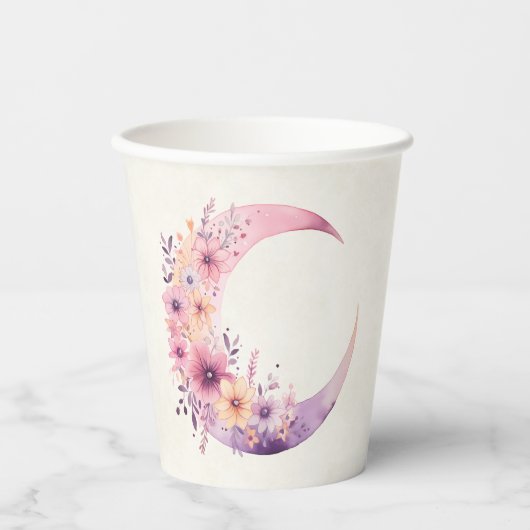Roze halve maan met  bloemen papieren bekers (Voorkant)