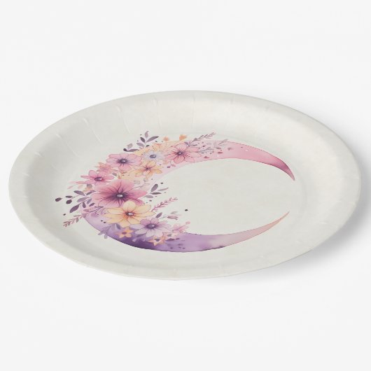 Roze halve maan met  bloemen papieren bordje (Gekanteld)
