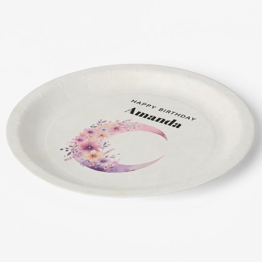 Roze halve maan met  bloemen papieren bordje (Gekanteld)