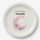 Roze halve maan met  bloemen papieren bordje (Voorkant)