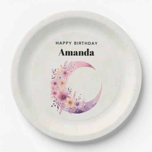 Roze halve maan met bloemen papieren bordje (Voorkant)