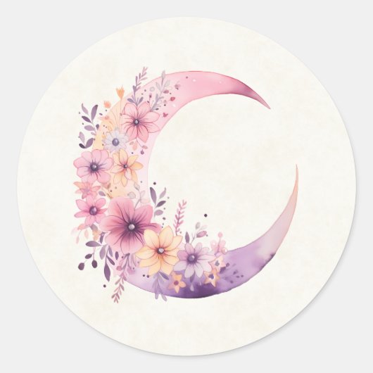 Roze halve maan met  bloemen ronde sticker (Voorkant)