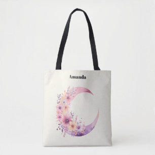 Roze halve maan met  bloemen tote bag