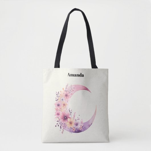 Roze halve maan met  bloemen tote bag (Voorkant)