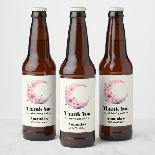 Roze Halve Maan met  Bloemen Verjaardag Bier Etiket (Flessen)