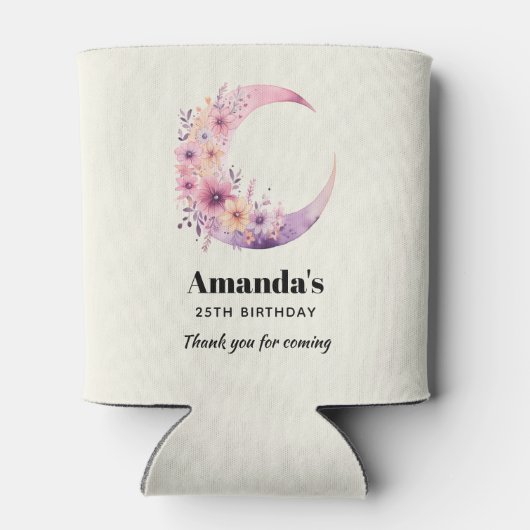 Roze Halve Maan met  Bloemen Verjaardag Blikjeskoeler (Achterkant)