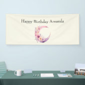 Roze Halve Maan met  Bloemen Verjaardag Spandoek (Beurs)