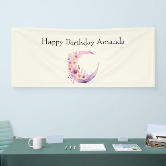 Roze Halve Maan met  Bloemen Verjaardag Spandoek (Beurs)