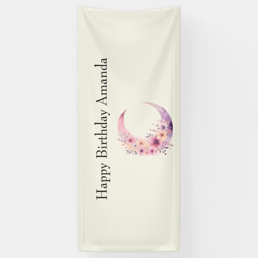 Roze Halve Maan met  Bloemen Verjaardag Spandoek (Verticaal)
