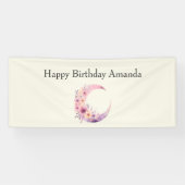 Roze Halve Maan met  Bloemen Verjaardag Spandoek (Horizontaal)