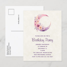 Roze Halve Maan met  Bloemen Verjaardag Uitnodiging Briefkaart