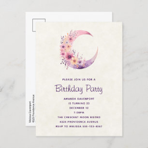 Roze Halve Maan met  Bloemen Verjaardag Uitnodiging Briefkaart