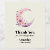 Roze Halve Maan met  Bloemen Verjaardag Wijn Etiket (Enkel label)