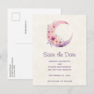 Roze Halve Maan met  Bloemen Wedding Aankondigingskaart