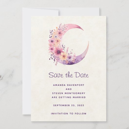 Roze Halve Maan met  Bloemen Wedding Save The Date (Voorkant)