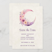 Roze Halve Maan met  Bloemen Wedding Save The Date (Voorkant / Achterkant)