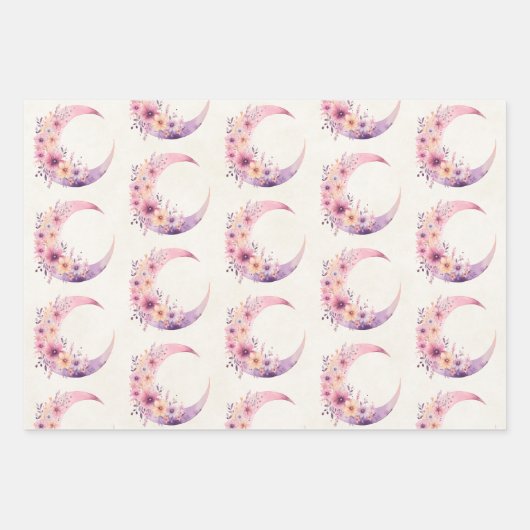Roze halve maan met  bloemenpatroon inpakpapier vel (Voorkant)