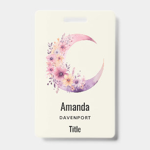 Roze Halve Maan met Mooie Bloemen Badge