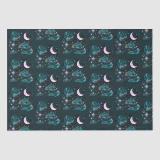 Roze Halve Maan Sterren Hemelblauw Halloween Tissuepapier (Voorkant)