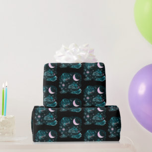 Roze Halve Maan Sterren Hemels Zwart Halloween Cadeaupapier