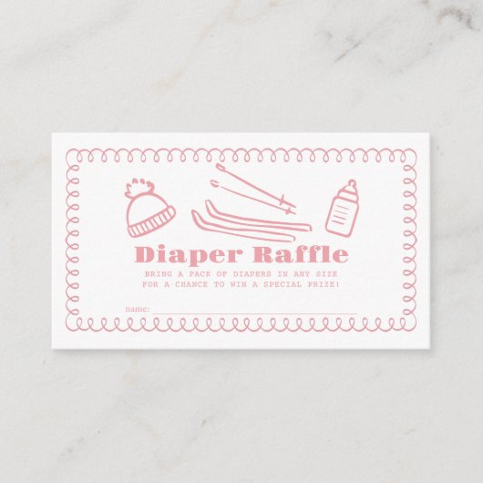 Roze Hand-Drawn Ski Baby Luier Raffle Ticket Informatiekaartje (Voorkant)