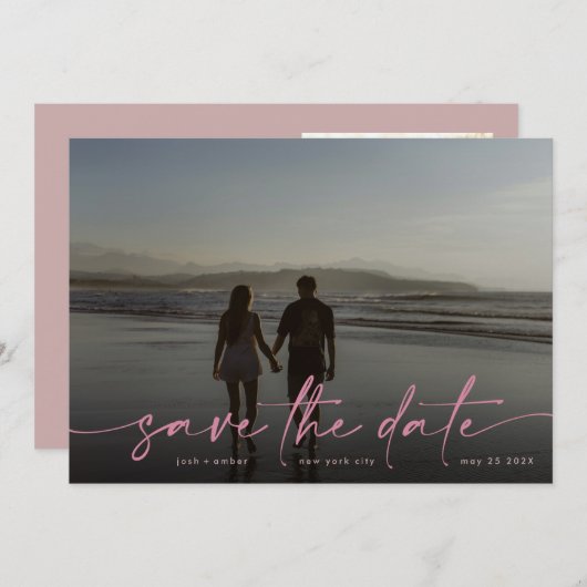 Roze hand geschreven Moderne Foto Blush Dusty Save The Date (Voorkant / Achterkant)
