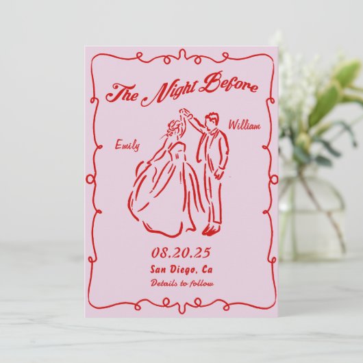 Roze hand getekend de avond voor het repetitiedine kaart (Staand voorkant)