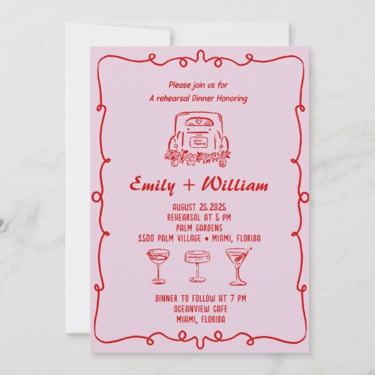 Roze hand getekend de avond voor het repetitiedine kaart (Achterkant)