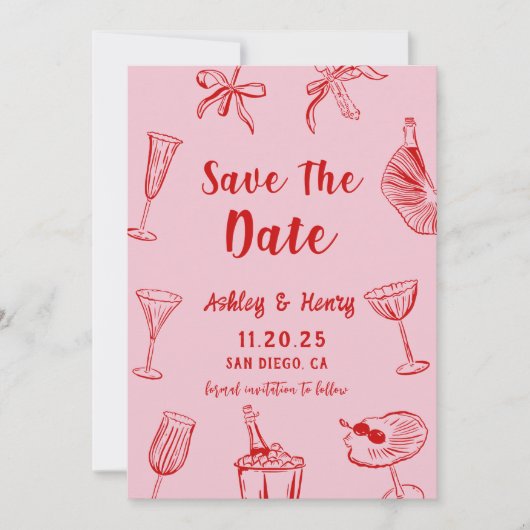 Roze Hand getekend Eigenzinnige bruiloft Save the  Kaart (Voorkant)