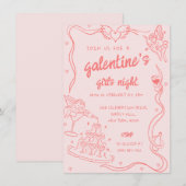Roze Hand getekend Galentine's Girls Night Party Kaart (Voorkant / Achterkant)