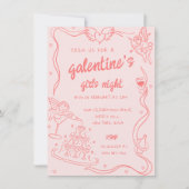 Roze Hand getekend Galentine's Girls Night Party Kaart (Voorkant)