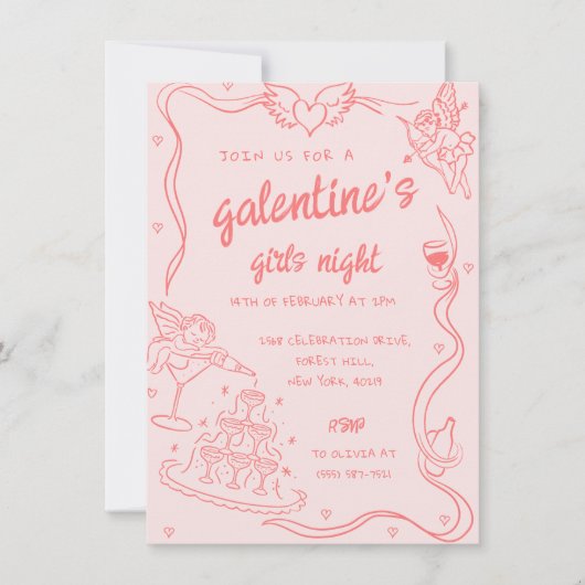 Roze Hand getekend Galentine's Girls Night Party Kaart (Voorkant)