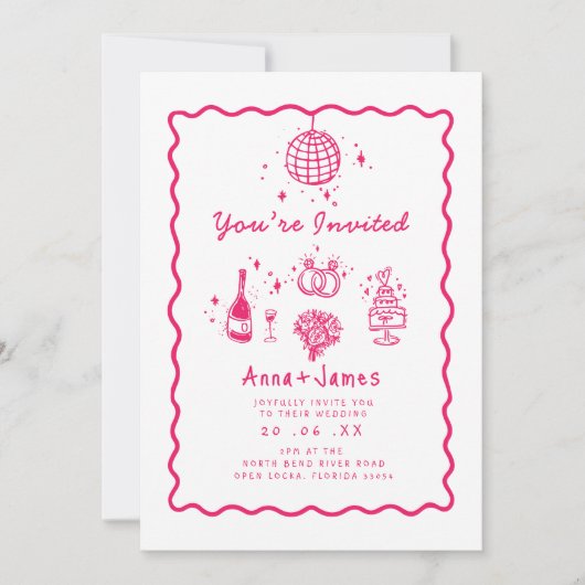 Roze hand getekend grillige trendy funky bruiloft kaart (Voorkant)