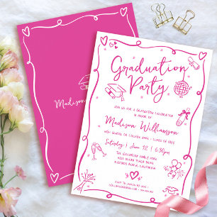 Roze Hand Getekende Doodles Afstuderen Pret Wit Fe Kaart