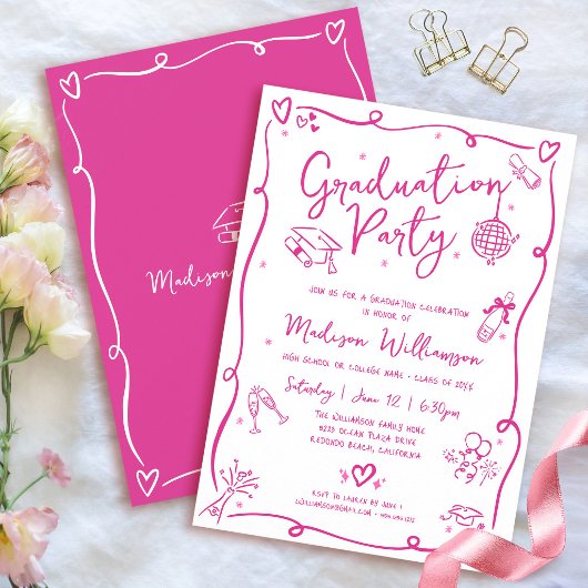 Roze Hand Getekende Doodles Afstuderen Pret Wit Fe Kaart