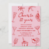Roze Hand Getekende Funky 30ste Verjaardagsfeestje Kaart (Voorkant)