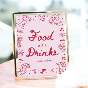 Roze Hand Getekende Moderne Valentijn Eten en Drin Poster