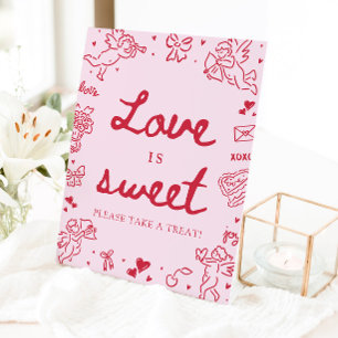 Roze Hand Getekende Moderne Valentijnsdag Liefde i Reclamebord Met Voetstuk