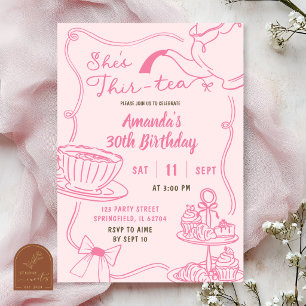Roze Hand Getekende Thir-Tea 30e Verjaardag Kaart