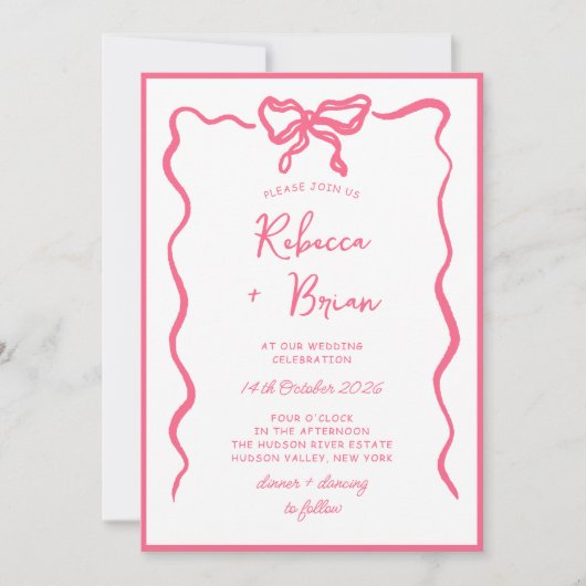 Roze Hand Getrokken Boog Lint Sketch Wedding Kaart (Voorkant)