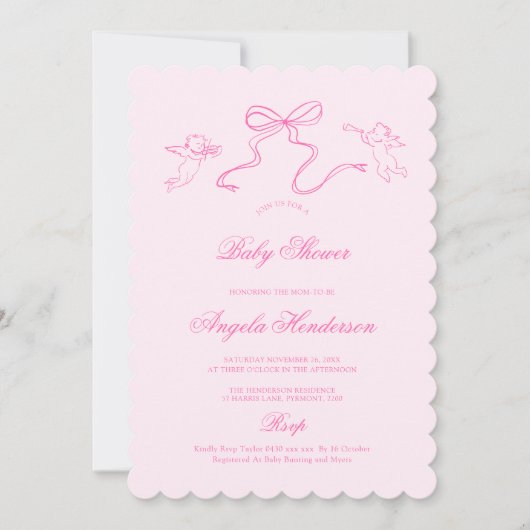 Roze Hand getrokken Bow Baby shower Invitation Kaart (Voorkant)