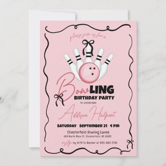 Roze Hand getrokken BOWling Bows Meisje Verjaardag Kaart (Voorkant)