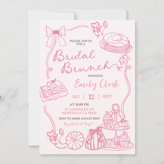 Roze Hand Getrokken Bruids Brunch partij Kaart (Voorkant)